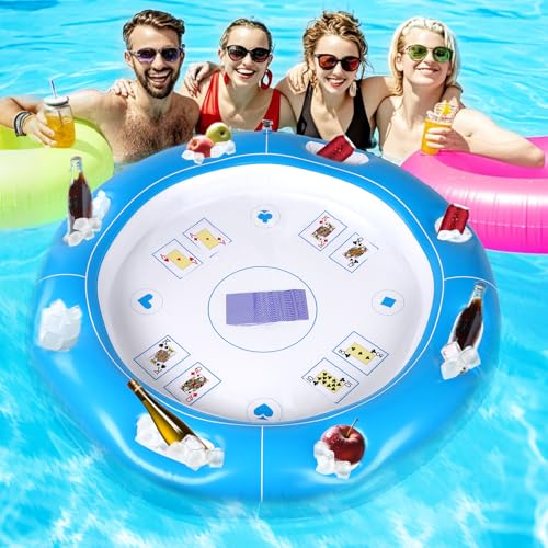 Lyreh Schwimmende Kartentisch Set, Inklusive 1stk Aufblasbarer Pool Tisch 100cm mit 8 Getränkehaltern und 1stk Kartenspiel mit Wasserdichten Spielkarten(Blau) von Lyreh