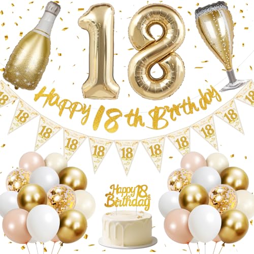 18. Geburtstag Mädchen, 18 Geburtstag Deko, Happy 18th Birthday Banner, 40 Zoll 18 Folienballons, Champagner Flasche und Glas Folienballons, Gold, Rosa, Weiß- und Konfetti -Luftballons, Kuchentopper von Lyuet