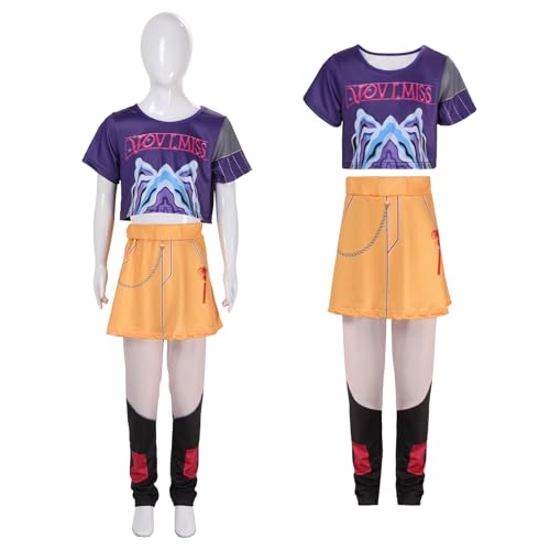 Lyxaof Kinder Kpop Hunters Anime Kostüm Mädchen Ausgefallene Charakter Dress Up Outfit Halloween Karneval Party Cosplay Komplettset (Lila Oberteil + Gelber Rock, 100) von Lyxaof