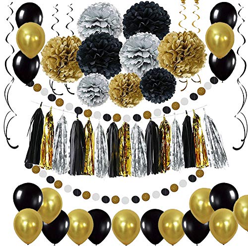 Schwarz Gold Party Deko Set - DIY Pompoms Blumen, Quaste Girlande, Luftballons, Polka Dot Papier Girlande, Spiral Girlanden, für Abschlussfeier und Ruhestandsfeierdekor Schwarz Gold Party Deko Set - DIY Pompoms Blumen, Quaste Girlande, Luftballons, Polka Dot Papier Girlande, Spiral Girlanden, für Abschlussfeier und Ruhestandsfeierdekor von LyximGss