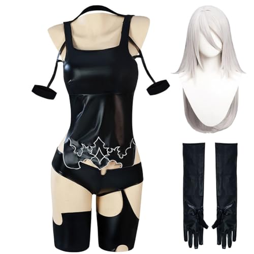 Lzrong A2 Cosplay Kostüm A2yorha Cosplay Outfit, A2automata Nr. 2 Typ A Cosplay Kleidung Frauen Bodysuit Leder Uniform Schwarzer Rock Erwachsene Rollenspiel Set Anime Spiel Kostüm Halloween Karneval von Lzrong