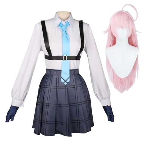 Lzrong Blue Archive Takanashi Hoshino Cosplay Kostüm Set-Uniform Outfit mit Rosa Perücken Wig Volle Midi Rock Damen Halloween Party Anime Kostüm Komplettes Geschenke für Anime Fans von Lzrong