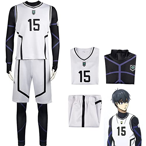 Lzrong Blue Lock Cosplay Kostüm Isagi Yoichi Fußball Anime Cosplay Trikot Nr. 15 Strumpfhosen Fußball Uniform Set Anime Rollenspiel Halloween Kostüm von Lzrong