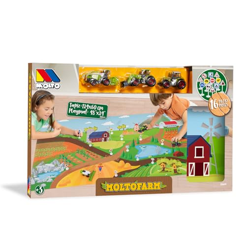 MOLTO Spielteppich Bauernhof mit 3 Traktoren und 12 Schildern Moló Farm Playmat – Lernspielzeug mit Bauernhof-Illustrationen – Ideal für Kinder ab 3 Jahren – 124 x 60 cm von M MOLTO