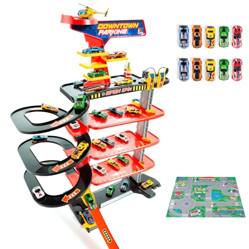 MOLTO Spielzeugparkplatz, 5 Etagen Downtown + 10 Autos + Spielteppich – Rampen, Schleifen und Hochgeschwindigkeitsstrecke – Tankstellen und Hubschrauberplattform MOLTO Spielzeugparkplatz, 5 Etagen Downtown + 10 Autos + Spielteppich – Rampen, Schleifen und Hochgeschwindigkeitsstrecke – Tankstellen und Hubschrauberplattform von M MOLTO