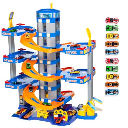 MOLTO Spielzeugparkplatz, 6 Pflanzen, blau, mit 10 Autos – Kindergarage mit Rampen, Aufzug und interaktiven Elementen – Fantasie- und Motorik-Spiel für Kinder ab 3 Jahren von M MOLTO