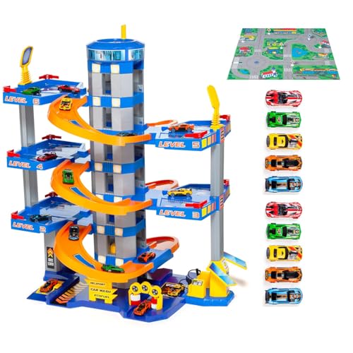 MOLTO Spielzeugparkplatz, 6 Pflanzen, blau, mit 10 Autos und Spielteppich – Kindergarage mit Rampen, Aufzug und interaktiven Elementen – Fantasie- und Motorikspiel für Kinder ab 3 Jahren von M MOLTO