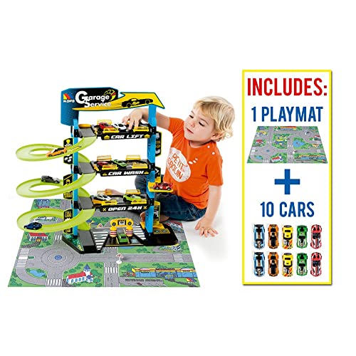 MOLTO | 4-stöckiges Kinder-Autoparkhaus mit Zubehör, Spielzeug-Autoparkplatz, Spielzeug-Autobahn, inkl. 10 Spielzeugautos und Spielmatte, Kinderspielzeug ab 3 Jahren, Garagenautos von M MOLTO