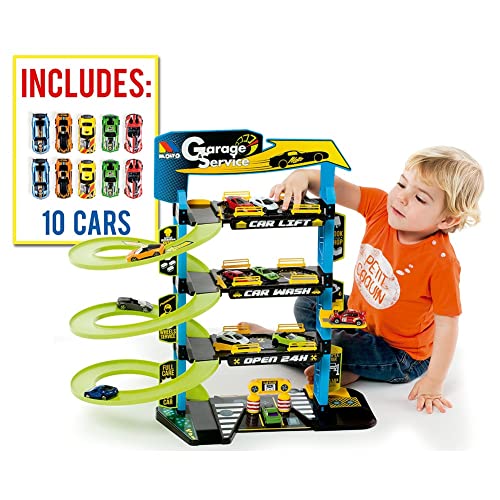MOLTO | 4-stöckiges Kinder-Autoparkhaus mit Zubehör, Spielzeug-Autoparkplatz, Spielzeug-Autobahn, inklusive 10 Spielzeugautos, Kinderspielzeug + 3 Jahre, Garagenautos von M MOLTO
