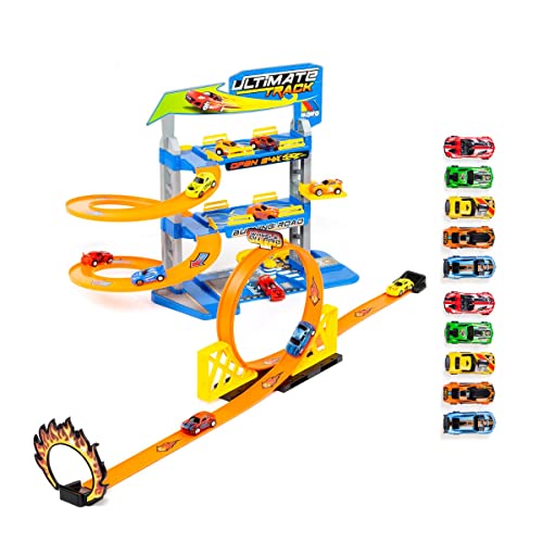 Spielzeugparkplatz + Spielzeugbahnen mit 1 Looping, 3 Etagen, 2 Reibungsautos und 10 zusätzlichen Spielzeugautos im Lieferumfang enthalten von M MOLTO