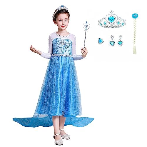 M MUNCASO ELSA Mädchen Prinzessin Kostüm,Elsa Kleid mit Krone, Zauberstab Perücke Ohrringe Ring,Elsa Kleid Mädchen Prinzessin Kostüm Mädchen für Partys, Bankette, Cosplay von M MUNCASO