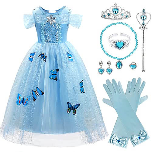 M MUNCASO Mädchen Aschenputtel-Kleid Prinzessin Kostüm Schmetterling Party Outfit, blaues Tanzkleid Prinzessin Tüllkleid, Kostüm mit Zubehör für Hochzeit, Abschlussball für 3–8 Jahre, Kinder Mädchen von M MUNCASO