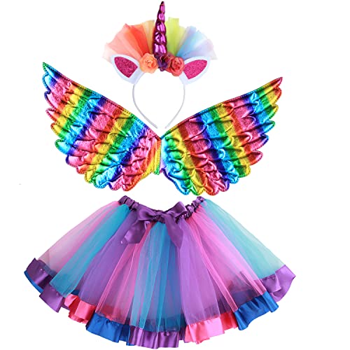 M MUNCASO Mädchen Fee Kostüm Fancy Dress Up Engel Kostüm Sets Kinder Prinzessin Kleid Tüll Tutu Rock Set mit Engelsflügeln, Einhorn Stirnband Set für 3-8 Jahre Mädchen von M MUNCASO