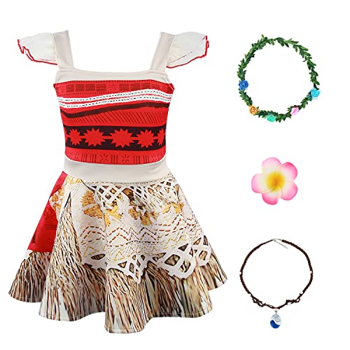 M MUNCASO Mädchen Moana Kostüm Fancy Dress Up Prinzessin Party Kleid Mädchen Abenteuer Outfit Kleidung Kinder Geburtstag Urlaub Halloween Cosplay Fancy Clothing Set (Red#1, 100) von M MUNCASO