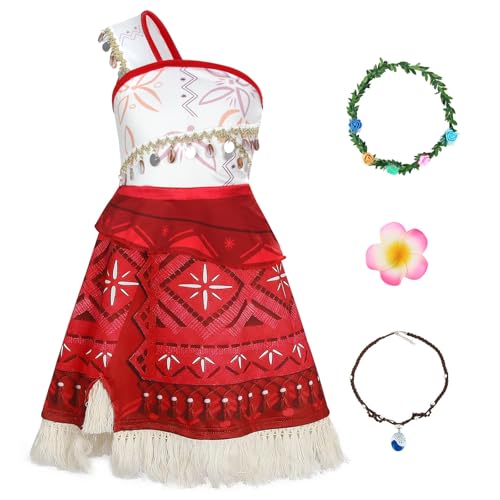 M MUNCASO Mädchen Moana Kostüm Fancy Dress Up Prinzessin Party Kleid Mädchen Abenteuer Outfit Kleidung Kinder Geburtstag Urlaub Halloween Cosplay Fancy Clothing Set (Red 4, 120) von M MUNCASO