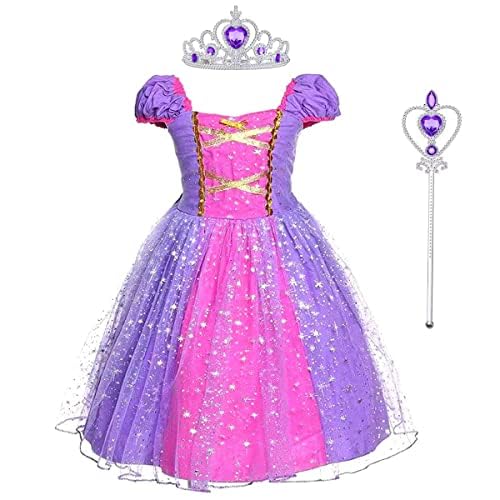 M MUNCASO Rapunzel-Kleid Prinzessinnenkleid mit Krone und Zauberstab, Mädchen, Cosplay-Kostüm, Kinder, geblümte, geschwollene Kleider für Sommer, Festzug, Verkleidung, Party, Outfits, Halloween von M MUNCASO