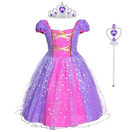 M MUNCASO Rapunzel-Kleid Prinzessinnenkleid mit Krone und Zauberstab, Mädchen, Cosplay-Kostüm, Kinder, geblümte, geschwollene Kleider für Sommer, Festzug, Verkleidung, Party, Outfits, Halloween von M MUNCASO