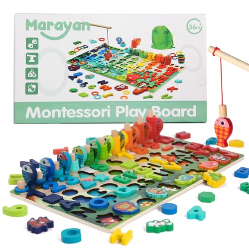 MARAYAN, Montessori Buchstaben Zahlen Spiele ab 3 Jahre,angelspiel Holz, Formen und Farben erkennen,geschicklichkeitsspiele, lernspielzeug Kinder,ABC Spiel,Motorikspielzeug,Geschenk von M Marayan Shop