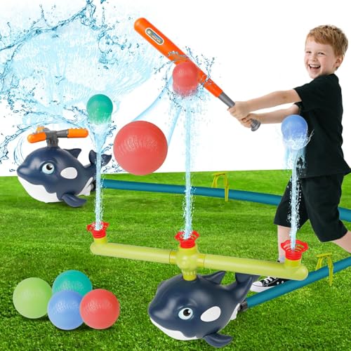 Sprinkler für Kinder, 2-in-1 Walwassersprinkler Kleinkind Outdoor Spielzeug Sommer Wasserspielzeug mit 3 Jets 4 Baseballs 360° drehbares Wasserspray, Hinterhof Rasen Pool Party Spaß für Jungen Mädchen von M SANMERSEN