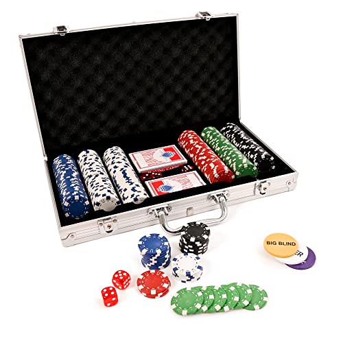 M.Y Texas Hold'em Pokerset 300-teiliges Set im Aluminiumkoffer mit 11,5 g schweren Pokerchips, 2 Decks Spielkarten, Dealer-, Big Blind- und Small Blind-Buttons und 5 Würfeln von M.Y