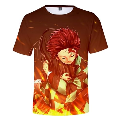 3D Drucken Anime Tanjiro Kamado Hemd Kurzarm T-Shirt Bluse Top Cosplay Kostüm Unisex Braun 4XL (Chest 130cm) von MABDO