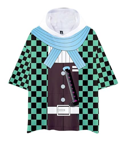 Anime Tanjiro Kamado Short-Sleeved Hooded T-Shirt Sweatshirt Cosplay Costume Unisex Grün 2 S (Chest 108cm) von MABDO