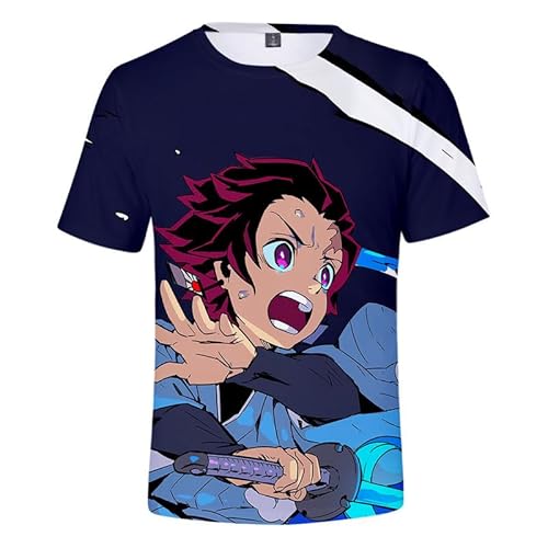 MABDO 3D Drucken Anime Tanjiro Hemd Kurzarm T-Shirt Bluse Top Cosplay Kostüm Unisex Blue-E 4XL (Chest 130cm) von MABDO