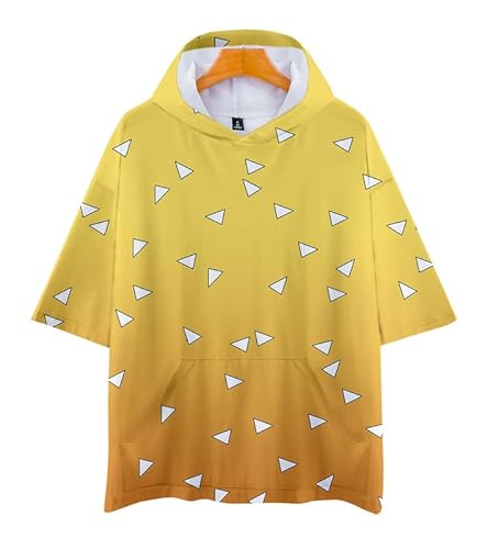 MABDO 3D Drucken Anime Zenitsu Agatsuma Hemd Kurzarm T-Shirt mit Kapuze Bluse Sweatshirt Hoodie Top Cosplay Kostüm Unisex Gold 4XL (Chest 144cm) von MABDO