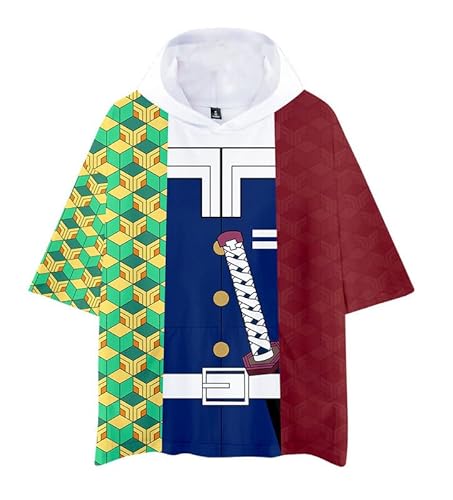 MABDO T-Shirt mit Kappe Giyu Tomioka Kurzarm Bluse Sweatshirt Kapuzen T-Shirt Top Hoodie Cosplay Kostüm Unisex Rot XS (Chest 102cm) von MABDO