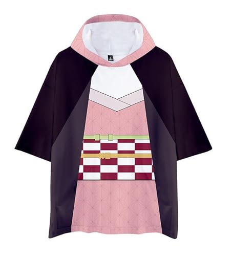 T-Shirt mit Kappe Nezuko Kamado Kurzarm Bluse Sweatshirt Kapuzen T-Shirt Top Hoodie Cosplay Kostüm Unisex Rosa 2 XS (Chest 102cm) von MABDO
