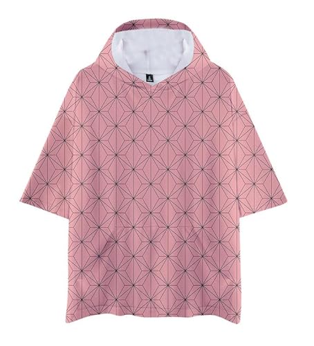 T-Shirt mit Kappe Nezuko Kamado Kurzarm Bluse Sweatshirt Kapuzen T-Shirt Top Hoodie Cosplay Kostüm Unisex Rosa XS (Chest 102cm) von MABDO