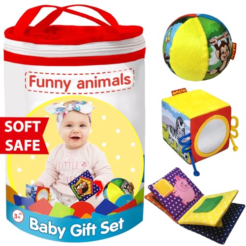 magdum 3 LUSTIGE Tiere Set für Baby- Baby-Geschenke Geburt- STOFFBUCH Knisterbuch Baby -Weiche WÜRFEL - STOFFBALL Baby mit Rassel - Babyspielzeug ab 6 Monate - Kleinkinder Spielzeug ab 1 Jahr Baby von magdum