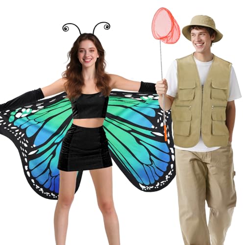 MADHOLLY Schmetterlingsflügel-Kostüme für Erwachsene, doppelseitig, blau, Halloween-Kostüme für Damen und Herren, mit Schmetterlings-Umhang, Fänger, Stirnband, Hut, Weste für Cosplay, Party-Geschenke von MADHOLLY