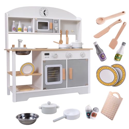 Kinder Spielzeug küche aus Holz. Kinder küche, mit Zubehör. Spielküche mit Backofen, Spüle, Mikrowelle, Kochfeld und 12 Zubehörteilen. Perfekt zum Verschenken, Lernspiel. (72x68x26cm) von MAGIC SELECT