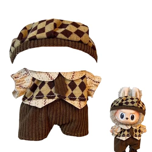 MAGIC SELECT Puppenkleidung Kompatibel mit Labubu 17 cm Plüsch. Kleidungs- und Accessoires-Set, Argyle-Hemd, Krawatte, Hose und Baskenmütze (Plüsch Nicht Enthalten). von MAGIC SELECT
