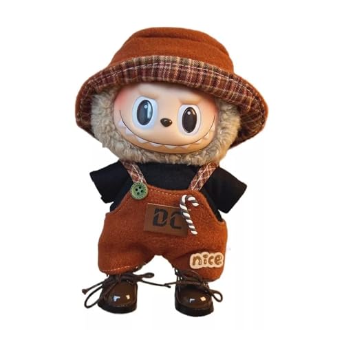 MAGIC SELECT Puppenkleidung Kompatibel mit Labubu 17 cm Plüsch. Kleidungs- und Accessoires-Set, Schwarzes T-Shirt, Brauner Overall und Mütze (Plüsch Nicht Enthalten). von MAGIC SELECT