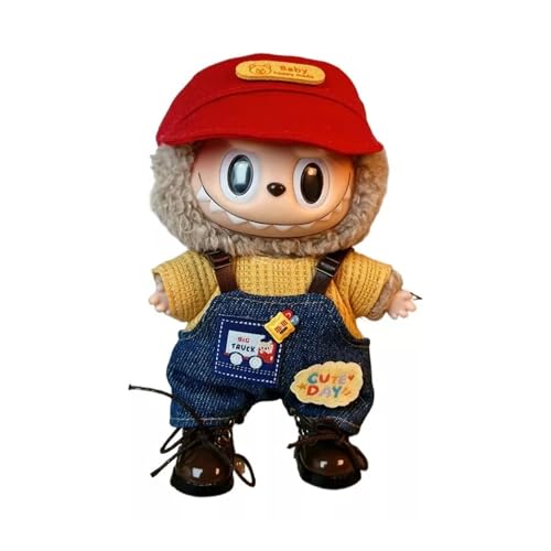 MAGIC SELECT Puppenkleidung Kompatibel mit Labubu 17 cm Plüsch. Kleidungs- und Zubehörset, Gelbes T-Shirt, Jeans-Overall und Rotes Visier (Plüsch Nicht Enthalten). von MAGIC SELECT