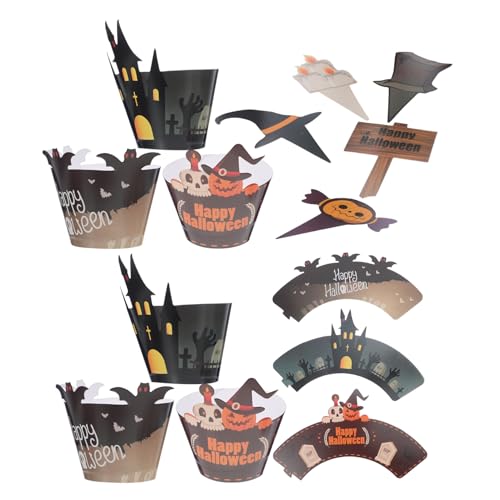 MAGICLULU 2 Sätze Halloween Cupcake Topper Wrapper Spooky Muffin Liners mit Fledermaus Kürbis und Schädel für Shower und Party Dekorationen von MAGICLULU
