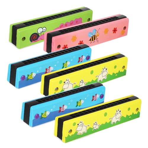 MAGICLULU 6 Stück Mundharmonika aus Holz Doppelte Reihe Tragbar für Anfänger und Musikpartys Lustige Spielzeuge mit Cartoon Mustern von MAGICLULU