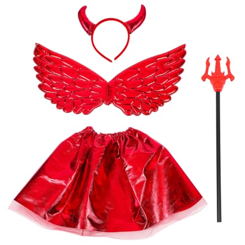 MAGICLULU Dämon Halloween Teufel Kostüm Set beinhaltet Teufelshörner Stirnband Flügel Gabel und Rock für Halloween Maskerade Karneval Cosplay Geburtstagsfeier Rot von MAGICLULU