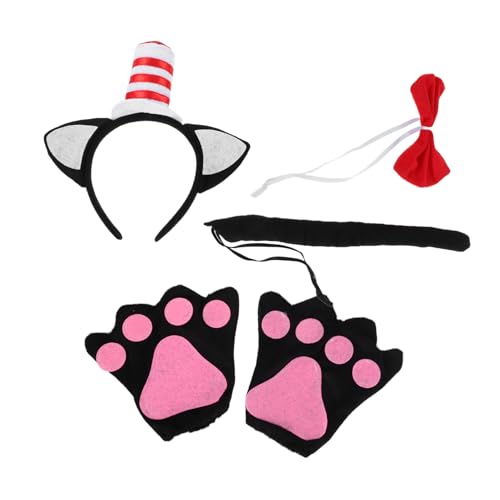 MAGICLULU Katzenkostüm für Einzigartigem Haarreif Weichen Schwarzen Handschuhen und Weiß Gestreiftem Schleifenband für Halloween Themenpartys und Kreative Fotoshootings von MAGICLULU