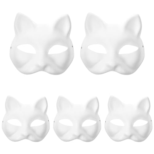 MAGICLULU Katzenmasken -Masken weiße Katzenmasken Papiermasken DIY unbemalte Maskenmaske Leere DIY Halloween Maske Tier-Halbgesichtsmasken Leere Maske für Karneval Cosplay Tanzparty 5 Stück von MAGICLULU