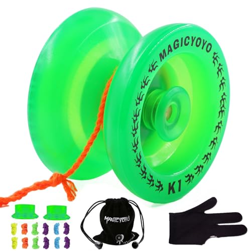 MAGICYOYO K1 JoJo leuchtet im Dunkeln, Jojos für Kinder, Teen, Anfänger Jo-jos, Profi Responsive Jo-jo Ball mit Tasche+ Handschuh+ 12 Jo Jos Saiten+ 2 Hubstack, Magic Yoyo K1 grün von MAGICYOYO
