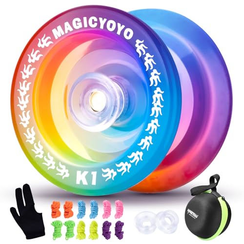 MAGICYOYO Kinder JoJo K1-Plus, Responsive Yoyo für Kinder, Professionelles Stunt Jo Jo für Anfänger, Profi Trick Yoyo mit Aufbewahrungstasche, 12 JoJo Saiten und Yo-Yo Handschuh(Crystal Tirclour) von MAGICYOYO