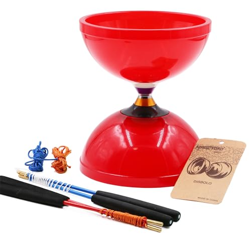 MAGICYOYO MD01 Groß Diabolo Profi mit Dreifach-Kugellagern für Kinder, Erwachsene, Anfänger, 15cm Diabolos mit 4 Handsticks + Tasche + 4 Diabolo-Saiten, Rot von MAGICYOYO