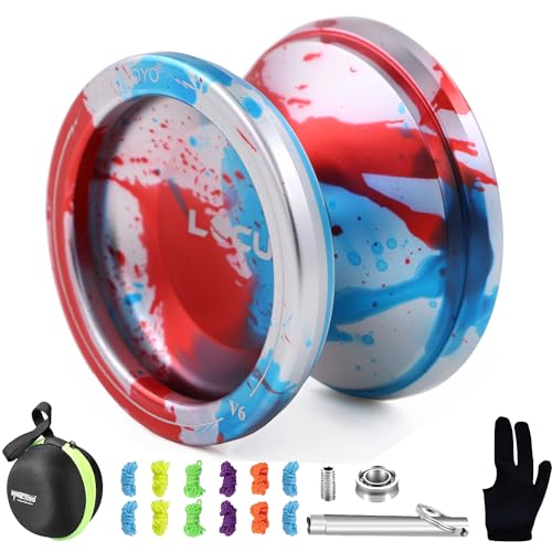 MAGICYOYO Responsive JoJo & Unresponsive Jo-jo für Kinder, Erwachsene, Magic Yoyo V6-Plus LOCUS Profi Responsive Jo Jo Metall mit Unresponsive-Lager+10 Saiten+ Tasche+ Entferner, Blau& Rot& Silber von MAGICYOYO