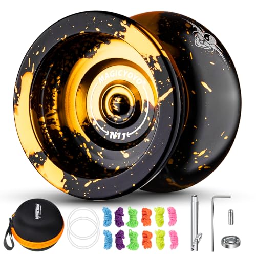 MAGICYOYO Professionelles JoJo N11 Plus Reaktionsfähiges JoJo für Kinder, Zweizweck-Metall Jo-Yo mit Nicht reagierendem Yoyo-Modus + Yo-Yo-Lagersatz + 12 Yoyo Schnüre + Yo-Yo Tasche (Schwarz Golden) von MAGICYOYO