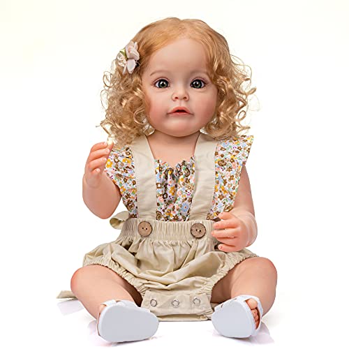 Reborn Puppen für Damen, Körper aus weichem Silikon, Vinyl, 22 Zoll, 55 cm, magnetisch, schön, realistisch, Wecker, aus Silikon, lockiges Haar, Blond von MAIDEDOLL