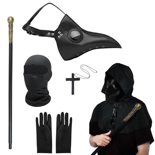 MAINOSHY 6-teiliges Pestarzt-Kostüm-Set, Halloween-Maske Mit Langer Nase, Vogelschnabel, Steampunk-Design, Umhang, Kreuzigung, Halskette, Schwarze Handschuhe, Zepter - Halloween-Kostüm-Requisiten MAINOSHY 6-teiliges Pestarzt-Kostüm-Set, Halloween-Maske Mit Langer Nase, Vogelschnabel, Steampunk-Design, Umhang, Kreuzigung, Halskette, Schwarze Handschuhe, Zepter - Halloween-Kostüm-Requisiten von MAINOSHY