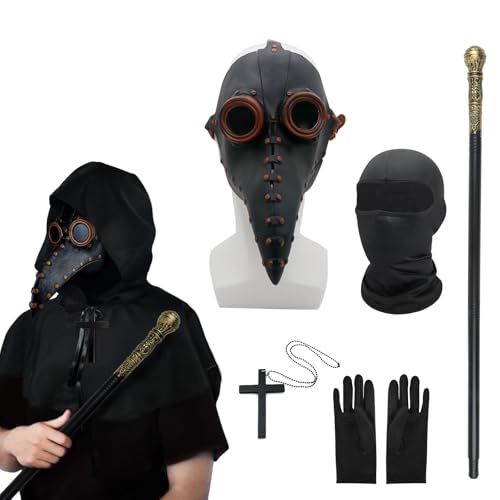 MAINOSHY 6-teiliges Pestarzt-Masken-Kostüm-Set, Halloween-Maske, lange Nase, Vogelschnabel, Steampunk-Maske mit Umhang, Kreuzigung, Halskette, schwarze Handschuhe, Zepter, Halloween-Kostüm-Requisiten MAINOSHY 6-teiliges Pestarzt-Masken-Kostüm-Set, Halloween-Maske, lange Nase, Vogelschnabel, Steampunk-Maske mit Umhang, Kreuzigung, Halskette, schwarze Handschuhe, Zepter, Halloween-Kostüm-Requisiten von MAINOSHY